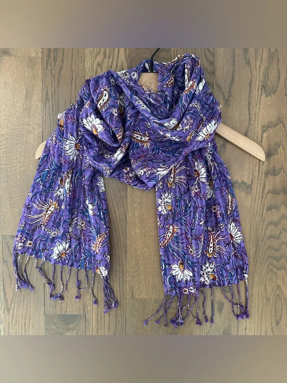 Anthropologie Floral Block Print Gauze Oblong Fringe Scarf Purple Multicolor 72
